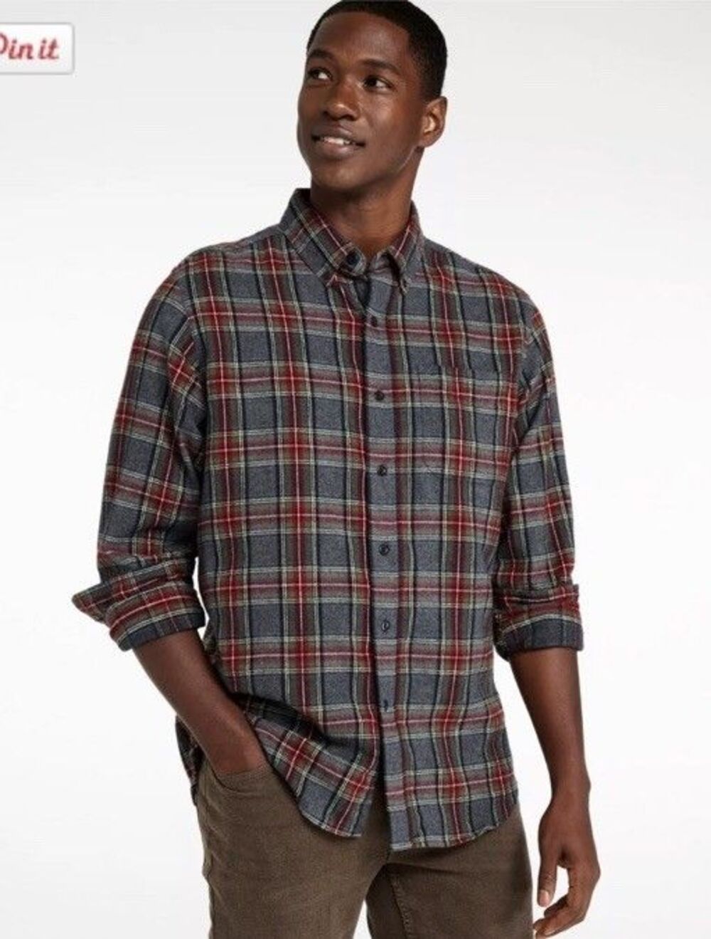 L.L. Bean Men's 2XL Scotch Plaid Flannel Shirt Traditional Fit Gray Red